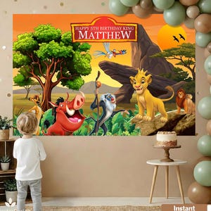 May include: A vibrant backdrop depicting characters from The Lion King, with the text "HAPPY 5TH BIRTHAY KING MATTHEW". The scene includes Simba, Timon, Pumbaa, and Rafiki, set against an African savanna backdrop with a rising sun.