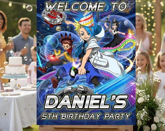 Letrero de bienvenida de cumpleaños de Beyblade X, decoración para fiestas de gamers, póster de cumpleaños infantil personalizado imprimible