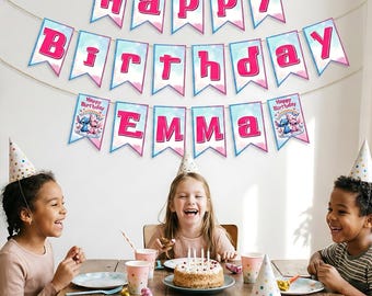 Banner de cumpleaños personalizado de Lilo Stitch, decoración digital para fiesta en rosa y azul