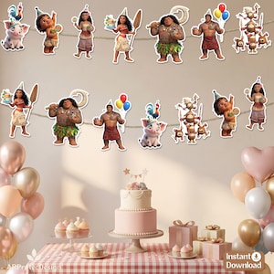 May include: A party banner featuring Moana characters including Moana, Maui, Pua, and Heihei, suspended above a table with a tiered cake, cupcakes, gift boxes, and balloons. The text "Instant Download" is visible in the bottom right corner.