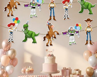 Baner urodzinowy Toy Story, dekoracja girlandowa Woody'ego Buzza do druku