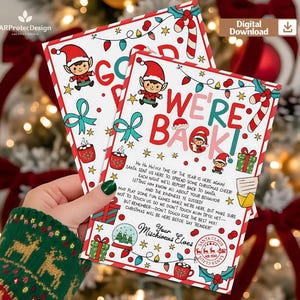 Carta de bienvenida del elfo: ¡Hemos vuelto y nos despedimos! Travesuras navideñas, regalo de Navidad imprimible