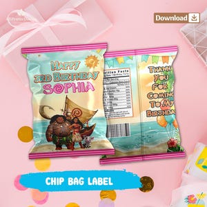 May include: A custom chip bag label featuring a tropical beach scene with cartoon characters, the text Happy 3rd Birthday Sophia, a nutrition facts panel, a barcode, and the text Thank You For Coming To My Birthday with colorful balloons.