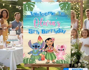 Letrero de bienvenida de Lilo Stitch, póster de cumpleaños personalizado con temática de playa, decoración digital imprimible para fiesta tropical