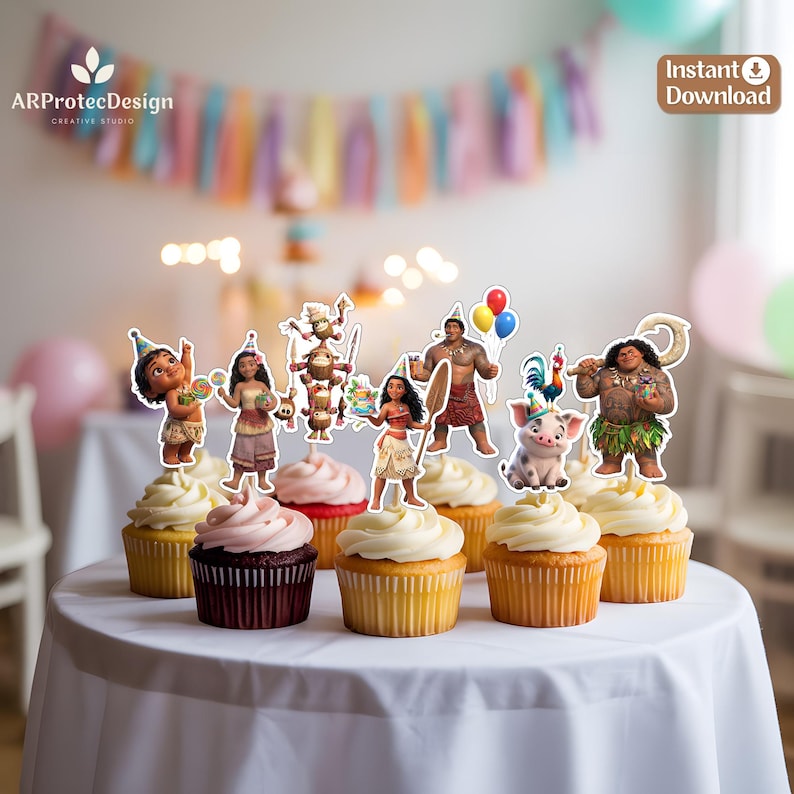 May include: A set of six cupcakes topped with Moana-themed character cutouts, including Moana, Maui, Pua, and Heihei. The characters are illustrated in a cartoon style, wearing party hats and holding festive items like balloons and cake.