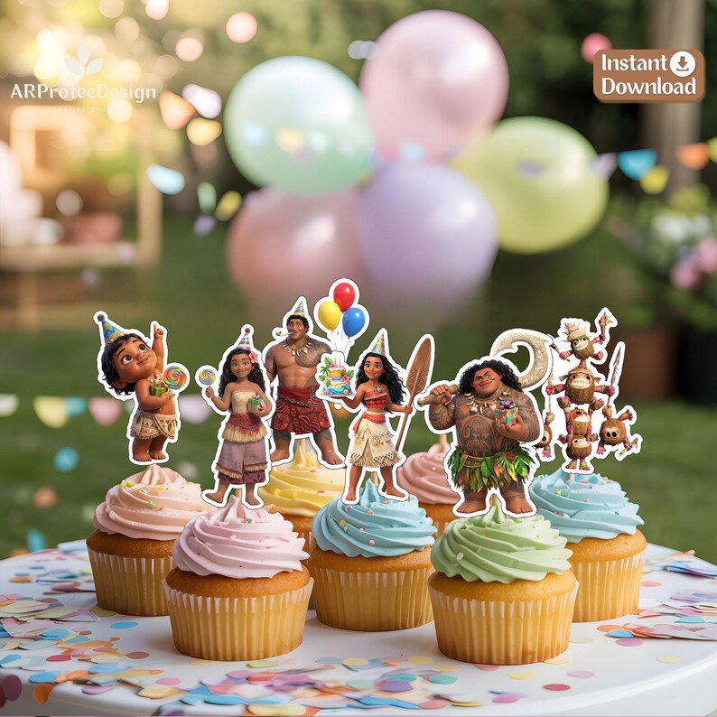 May include: A set of six decorative cupcake toppers featuring Moana characters including Moana, Maui, and Pua, each wearing a party hat. The toppers are displayed on frosted cupcakes with pastel pink, blue, and green icing, arranged on a white surface.