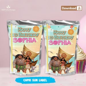 May include: Two identical juice pouches featuring a Moana-themed design with the text Happy 3rd Birthday Sophia. The labels display a cartoon sailboat, a large man, a young woman, and a small pig character against a tropical ocean background.
