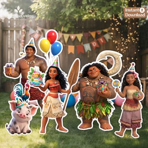 May include: A collection of Moana-themed party decorations featuring Moana, Maui, Pua the pig, and Heihei the rooster. The characters wear colourful party hats and hold birthday gifts, a cake, a wooden paddle, and a lollipop. Balloons and bunting are visible.