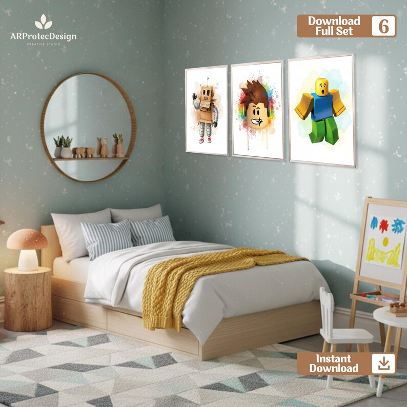 May include: A bedroom scene featuring a bed with white bedding and a yellow blanket. Three framed prints with cartoon characters hang on the wall. The room has a round mirror, a small table, and a rug with a geometric pattern. Text on the image says "Download Full Set" and "Instant Download".