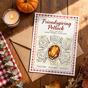 Friendsgiving Invitation Printable, Personalized Potluck Dinner Invite with Guest Names and Dishes, Retro Gingham, We Personalize It