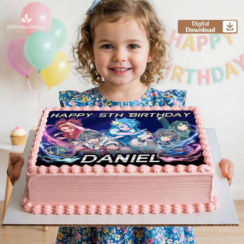 May include: A pink frosted birthday cake with a colorful anime design and the words "HAPPY 5TH BIRTHDAY DANIEL". The cake is held by a young girl in a floral dress, with balloons and a "HAPPY BIRTHDAY" banner in the background.
