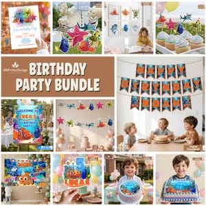 Può includere: Una collezione di decorazioni e forniture per feste di compleanno con personaggi di un popolare film d'animazione. Include inviti, banner, decorazioni per torte, cupcake e una torta. Il tema è una vivace scena sottomarina.