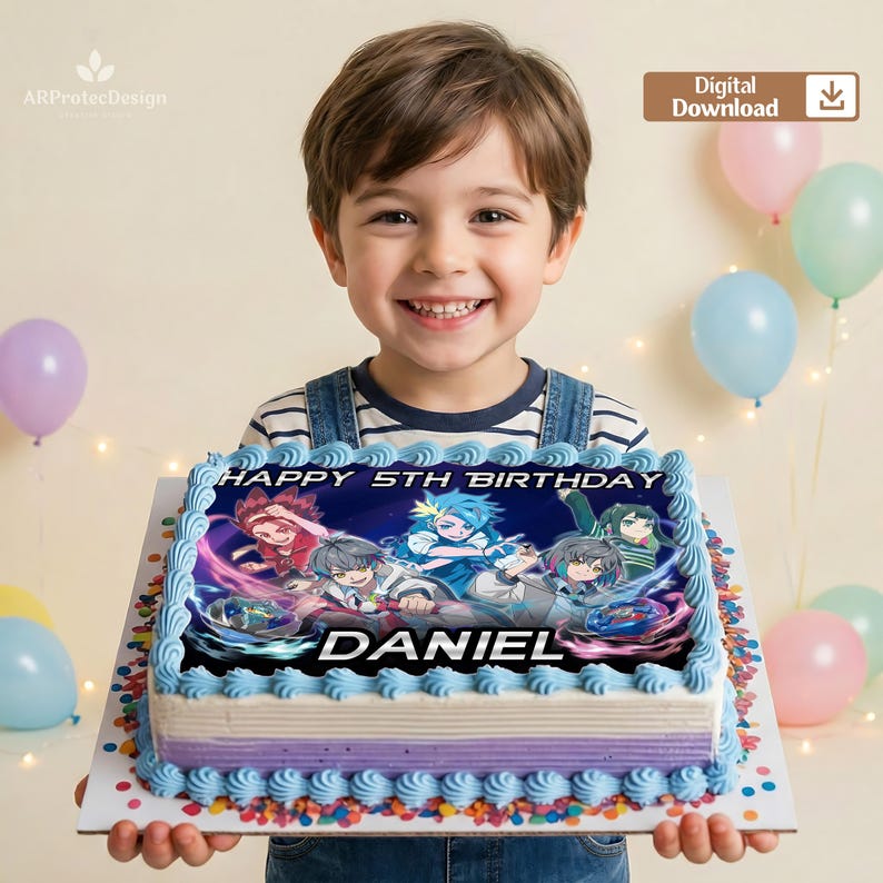 May include: A rectangular birthday cake with blue frosting and a colorful image of anime characters. The cake has the text "HAPPY 5TH BIRTHDAY DANIEL" on top. The cake is held by a smiling child, with balloons in the background.