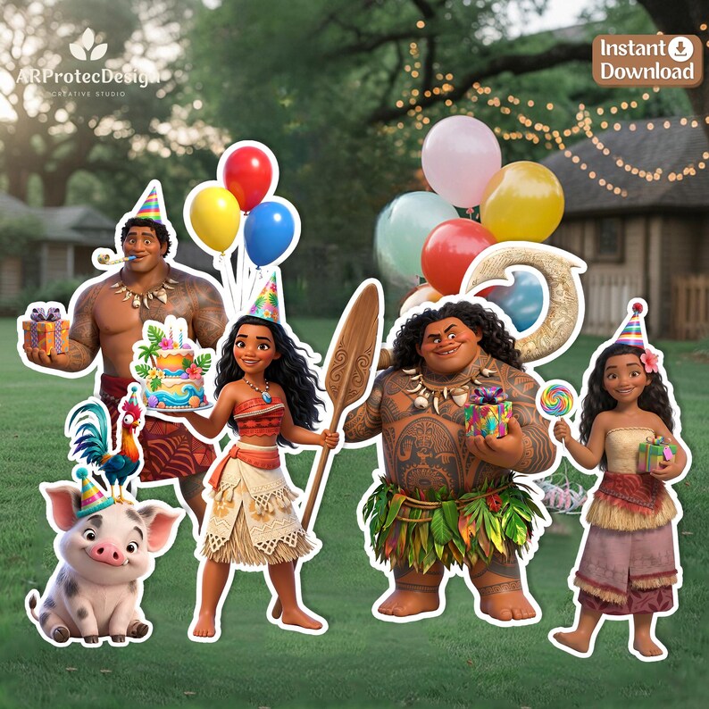 May include: A collection of Moana-themed party decorations featuring cutouts of Maui, Moana, Pua the pig, and Heihei the rooster. The characters wear colourful party hats and hold birthday cakes, gifts, and a wooden oar, surrounded by balloons.