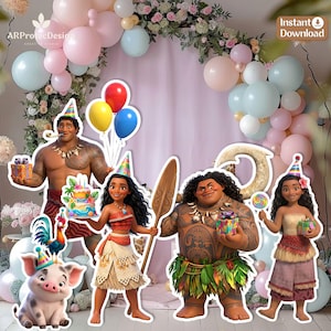May include: A collection of Moana-themed party decorations featuring cutouts of Moana, Maui, Pua the pig, and Heihei the rooster. The characters wear party hats and hold gifts, balloons, a cake, and a wooden oar. The set includes an Instant Download label.