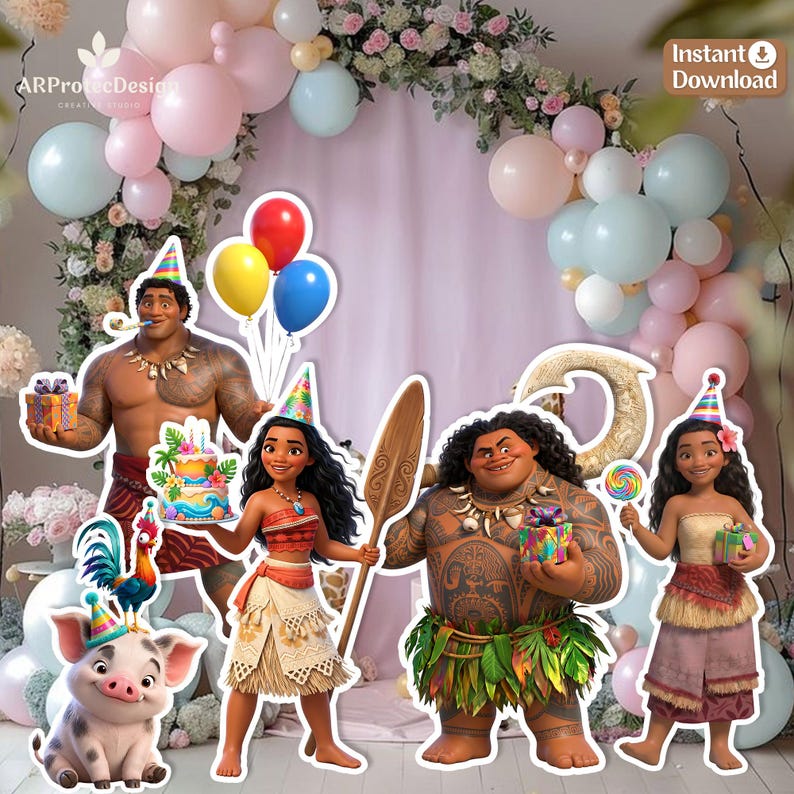 May include: A collection of Moana-themed party decorations featuring cutouts of Moana, Maui, Pua the pig, and Heihei the rooster. The characters wear party hats and hold gifts, balloons, a cake, and a wooden oar. The set includes an Instant Download label.
