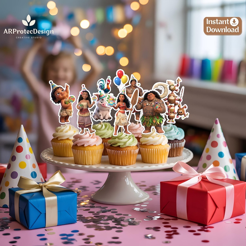 May include: A set of Moana-themed cupcake toppers featuring various characters including Moana, Maui, Pua, and Heihei, displayed on frosted cupcakes. The toppers are colorful, die-cut illustrations of the characters, some holding party items.