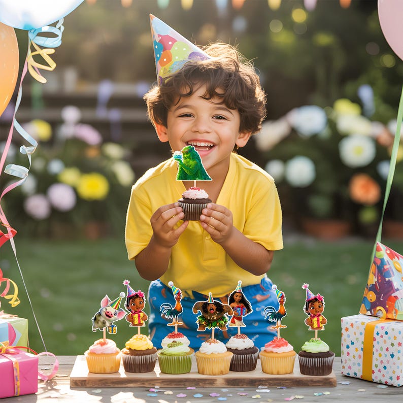 Puede incluir: Un ni&ntilde;o con un gorro de fiesta sonr&iacute;e mientras sostiene una magdalena con un adorno de dinosaurio verde. Varias magdalenas con adornos de personajes est&aacute;n dispuestas en una tabla de madera, con globos y regalos en el fondo. Escena de fiesta de cumplea&ntilde;os.
