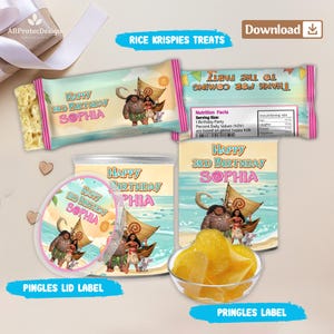 May include: A collection of custom party labels featuring Moana characters, including a Rice Krispies treat wrapper, a Pringles lid label, and a Pringles can label. Each item displays the text Happy 3rd Birthday Sophia with tropical ocean graphics.
