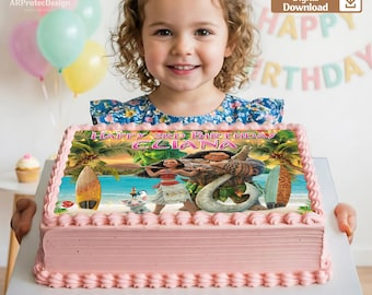 パーソナライズされたモアナプリンセスケーキトッパー、カスタム名前と年齢トロピカルバースデーデジタルプリント