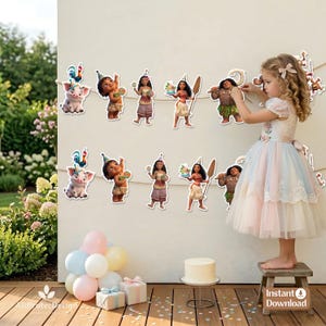 May include: A Moana-themed party banner featuring cutouts of Moana, Maui, Pua, and Heihei wearing party hats, suspended on a string. The characters are depicted in various poses, some holding birthday treats, arranged in two horizontal rows.