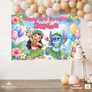 May include: A rectangular birthday backdrop featuring Lilo and Stitch characters in hula attire, tropical flowers, surfboards, and a rainbow. The text reads Happy 3rd Birthday Sophia in pink lettering. The design includes balloons and a cake illustration.