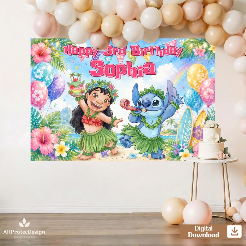 May include: A rectangular birthday backdrop featuring Lilo and Stitch characters in hula attire, tropical flowers, surfboards, and a rainbow. The text reads Happy 3rd Birthday Sophia in pink lettering. The design includes balloons and a cake illustration.