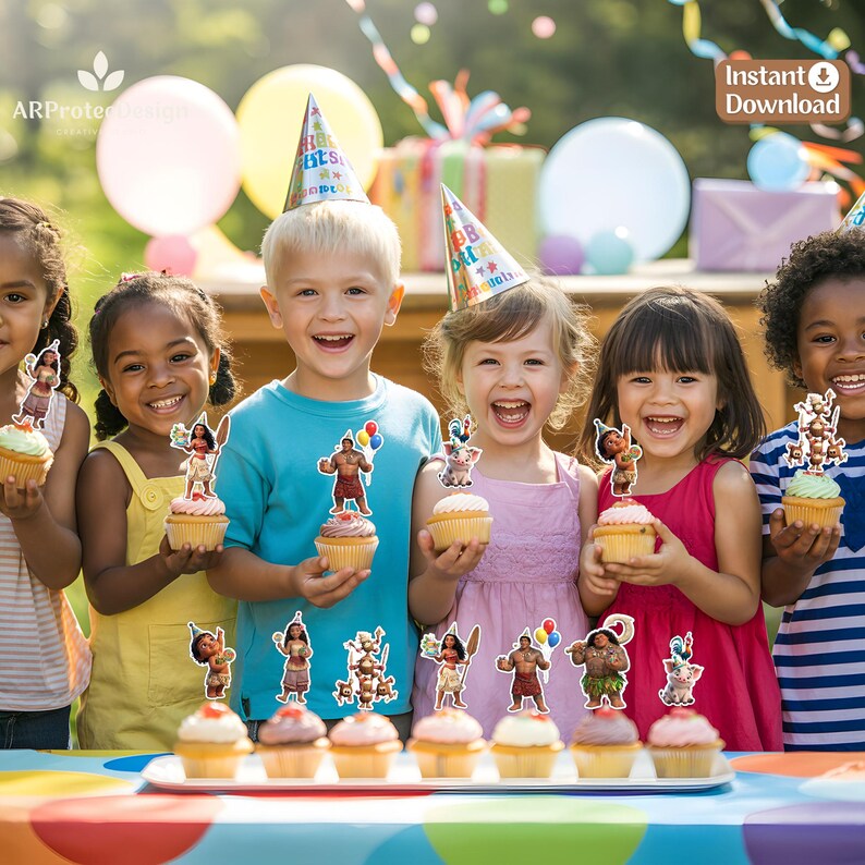 May include: A set of printable cupcake toppers featuring Moana characters including Moana, Maui, Pua, and Heihei. The collection includes various poses of the characters, designed for party decorations, presented as a digital instant download.