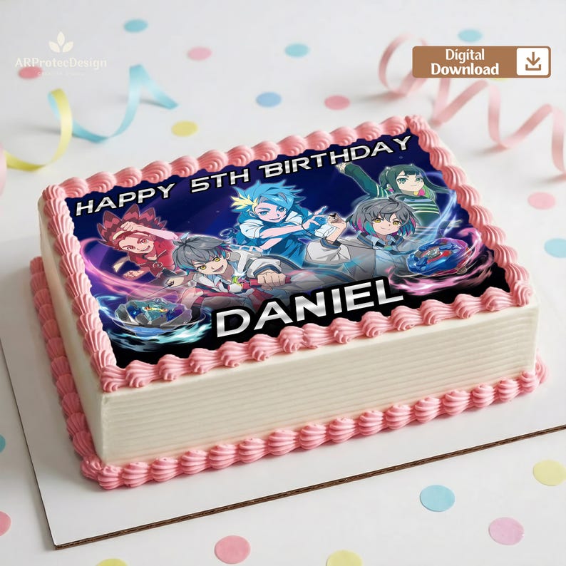 May include: A rectangular birthday cake with pink frosting trim and a printed image on top. The image features anime characters and the text "HAPPY 5TH BIRTHDAY DANIEL". The cake is on a white surface with colorful confetti.
