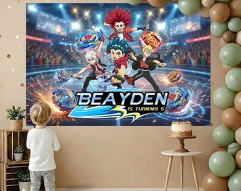 Painel de fundo personalizado para aniversário Beyblade, banner de festa Beyblade para download digital