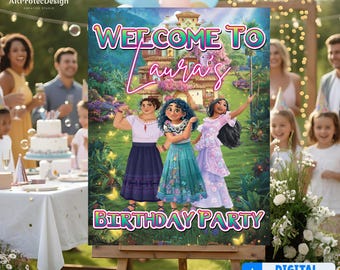 Letrero de bienvenida personalizado con Encanto, póster colorido y mágico para fiestas, descarga digital