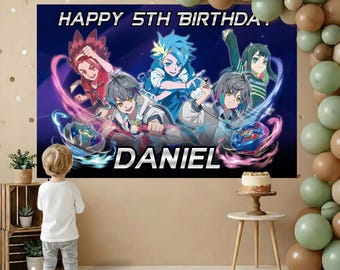 Painel de fundo Beyblade X para festa de aniversário, banner personalizado para festa infantil (download digital)