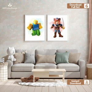 May include: Two framed watercolor prints featuring Roblox characters. One depicts a character with a yellow head, blue shirt, and green legs. The other shows a pirate character with a sword. The prints are displayed above a sofa.