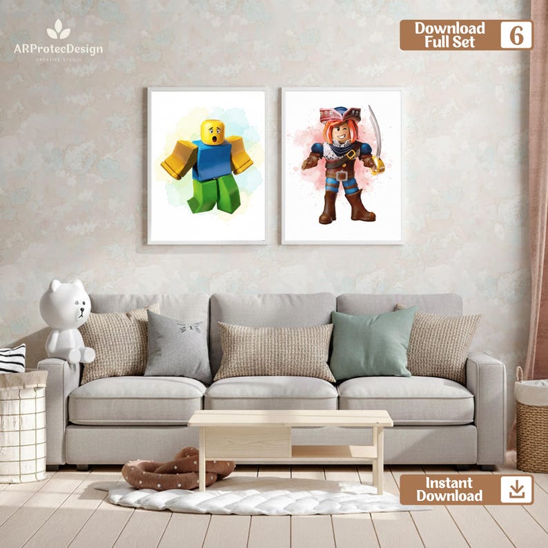 May include: Two framed watercolor prints featuring Roblox characters. One depicts a character with a yellow head, blue shirt, and green legs. The other shows a pirate character with a sword. The prints are displayed above a sofa.