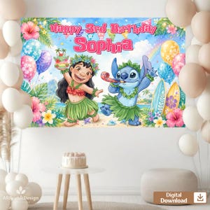 Personalized Lilo Stitch Birthday Backdrop, Custom Name Tropical Girl Party Download image 3
