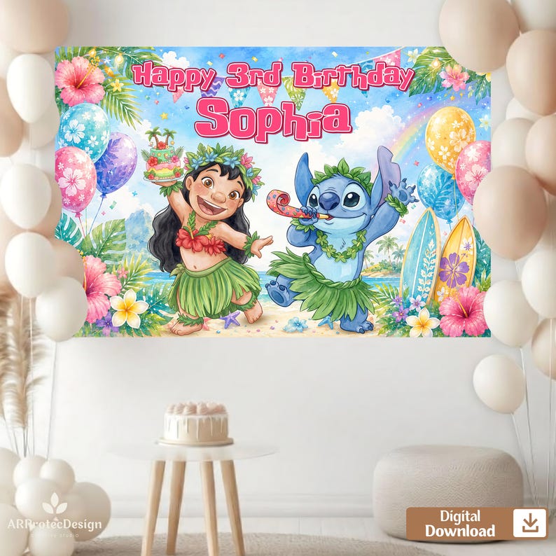 Personalized Lilo Stitch Birthday Backdrop, Custom Name Tropical Girl Party Download image 3