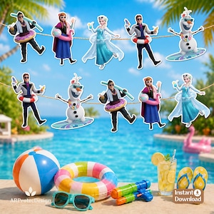 May include: A collection of Frozen character cutouts including Elsa, Anna, Kristoff, and Olaf wearing summer accessories, displayed with a beach ball, a striped pool float, turquoise sunglasses, a water gun, and a glass of lemonade.