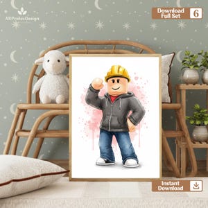 May include: A framed print featuring a cartoon character in a yellow hard hat, gray hoodie, and blue jeans. The character is flexing, set against a pink watercolor background. The words "Download Full Set" and "Instant Download" are visible.