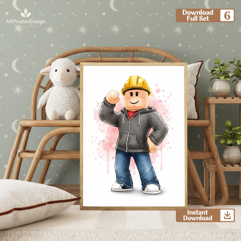 May include: A framed print featuring a cartoon character in a yellow hard hat, gray hoodie, and blue jeans. The character is flexing, set against a pink watercolor background. The words "Download Full Set" and "Instant Download" are visible.