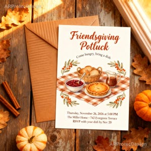 Puede incluir: Una tarjeta de invitación para Friendsgiving Potluck con un mantel de cuadros marrones, una cesta de pan, un cuenco de arándanos, una jarra y una tarta. El texto dice: Friendsgiving Potluck, Come hungry, bring a dish, Thursday, November 26, 2026 at 5:00 PM, The Miller Home, 742 Evergreen Terrace, RSVP with your dish by Nov 20.