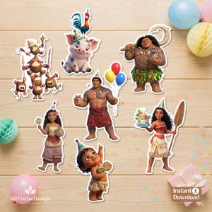 May include: A collection of Moana-themed paper cutouts featuring characters like Moana, Maui, Pua, Heihei, and Kakamora, all wearing party hats and holding birthday items like balloons, gifts, and lollipops, arranged on a light wood surface.