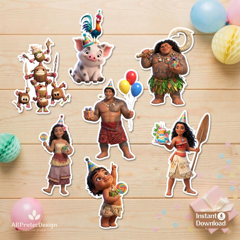 May include: A collection of Moana-themed paper cutouts featuring characters like Moana, Maui, Pua, Heihei, and Kakamora, all wearing party hats and holding birthday items like balloons, gifts, and lollipops, arranged on a light wood surface.