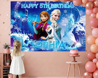 Fondo de cumpleaños personalizado de Frozen, pancarta digital con nombre personalizado para decoración de fiesta