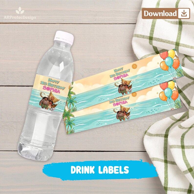 May include: A clear plastic water bottle with a custom label featuring a tropical beach scene, palm trees, colorful balloons, and the text Happy 3rd Birthday Sophia. Two additional matching rectangular labels are displayed next to the bottle.