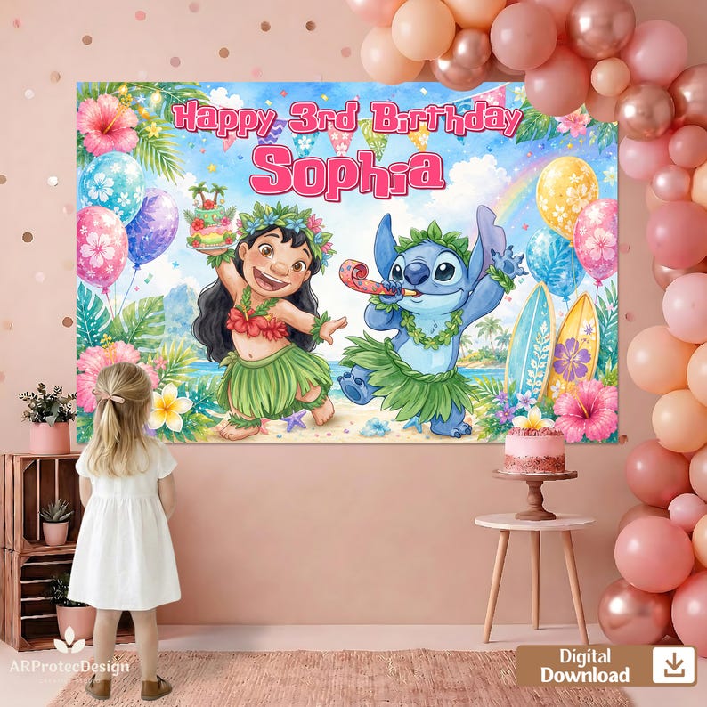May include: A rectangular backdrop featuring a tropical beach scene with Lilo and Stitch characters, pink hibiscus flowers, surfboards, and balloons. The text reads Happy 3rd Birthday Sophia in pink lettering against a blue sky with a rainbow.