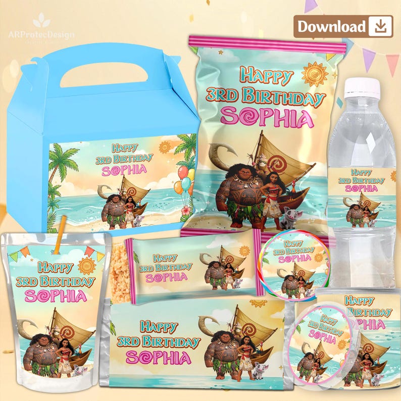 May include: A collection of party supplies featuring Moana characters, including a light blue gable box, a snack bag, a water bottle, a juice pouch, a candy bar wrapper, and circular labels, all printed with the text Happy 3rd Birthday Sophia.