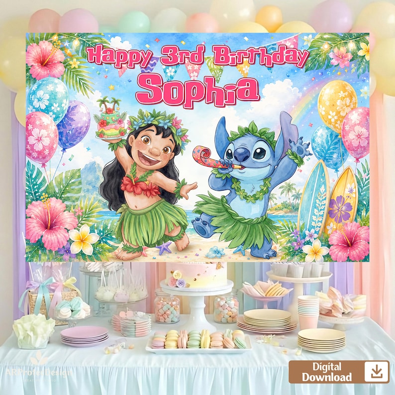 May include: A birthday backdrop featuring Lilo and Stitch in hula attire, with the text Happy 3rd Birthday Sophia. The scene includes tropical flowers, palm leaves, surfboards, and balloons against a blue sky and ocean background.