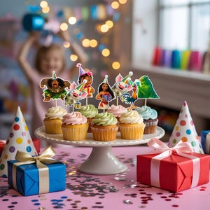 Puede incluir: Una escena de fiesta de cumplea&ntilde;os con cupcakes decorados con personajes. Los cupcakes est&aacute;n en un soporte blanco para pasteles, rodeados de regalos envueltos y sombreros de fiesta. El fondo est&aacute; borroso, con un ni&ntilde;o.