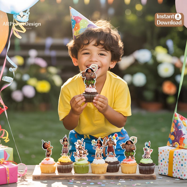 May include: A set of decorative cupcake toppers featuring various animated characters from the movie Moana, including Maui, Moana, Pua, and Heihei, displayed on frosted cupcakes arranged on a wooden board with party decorations and text.