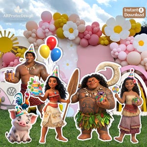May include: A digital party decoration set featuring Moana characters including Maui, Moana, Pua the pig, and Heihei the rooster. The characters are depicted with birthday party elements like balloons, party hats, gifts, and a cake against a backdrop.
